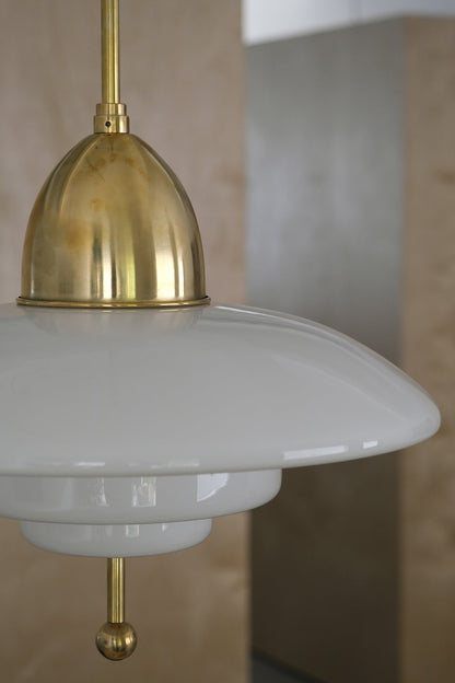 Vintage Style Stepped Milk Glass & Brass Pendant Light - ALOTOFBRASSERA